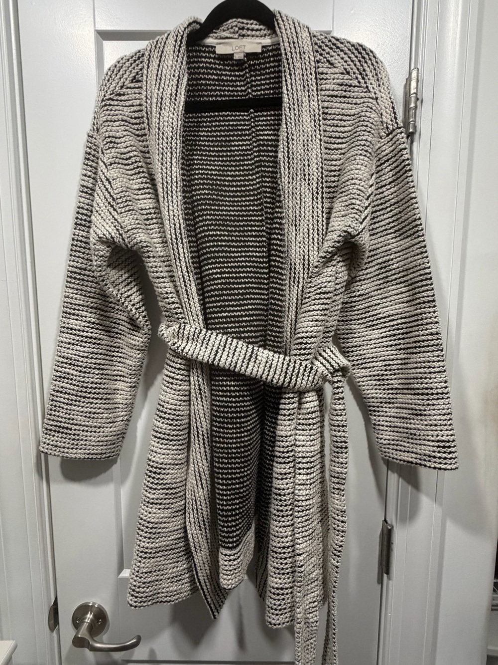 LOFT Black and White Striped Knit Belted Cardigan